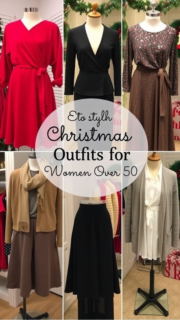 Stylish Christmas outfits for women over 50, showcasing elegant dresses and chic separates in a festive atmosphere.
